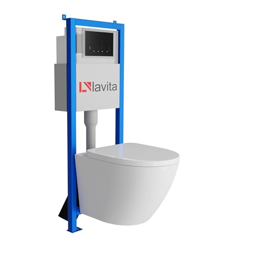 Lavita LAV 101 Vorwandelement für WC 40cm + Wand Hänge Tiefspül WC SOFI Weiß Spülrandlos + Bedienplatte LAV 200.3.4 Schwarz | Komplettset | Unterputz Spülkasten | Toilette Komplett Sett von lavita