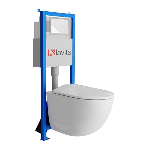 Lavita LAV 101 Vorwandelement für WC 40cm + Wand Hänge Tiefspül WC VITO Weiß Spülrandlos + Bedienplatte LAV 200.3.1 Weiß | Komplettset | Unterputz Spülkasten | Toilette Komplett Sett von lavita