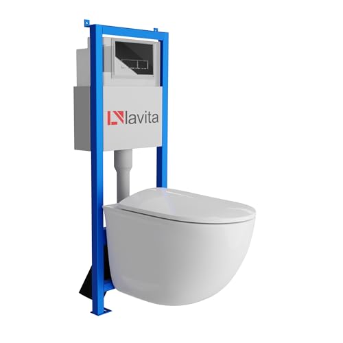 Lavita LAV 101 Vorwandelement für WC 40cm + Wand Hänge Tiefspül WC VITO Weiß Spülrandlos + Bedienplatte LAV 200.3.2 Verchromt | Komplettset | Unterputz Spülkasten | Toilette Komplett Sett von lavita