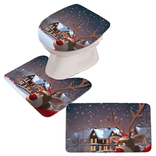 laxreheye Weihnachts Badezimmer Teppich Set, WC-Sitzbezug Badezimmer-Vorleger, Festliche Bodendeko rutschfeste Matte Cartoon Design für Zuhause Studentenwohnheim Wohnmobil Hotel Apartment Mietwohnung von laxreheye