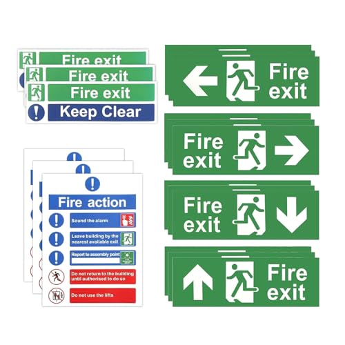 Feuerausgangs-Schilder-Set, 21-teilig, Sicherheitsschilder, Feuerausgang (rechts, links, oben, Pfeil nach unten), Keep Shut, Fire Action Notice, Keep Clear, selbstklebende Brandschutzschilder von lbxtswpl