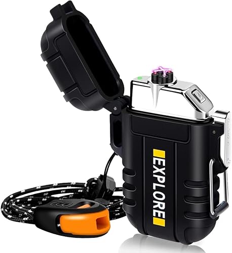 LcFun Lichtbogen Feuerzeug Elektrisch, Wasserdicht Winddicht USB Feuerzeug Wiederaufladbar, Plasma Feuerzeug Lighter mit Notfall-Pfeife für Camping, Survival Taktische-überlebensausrüstung (Schwarz) von LcFun