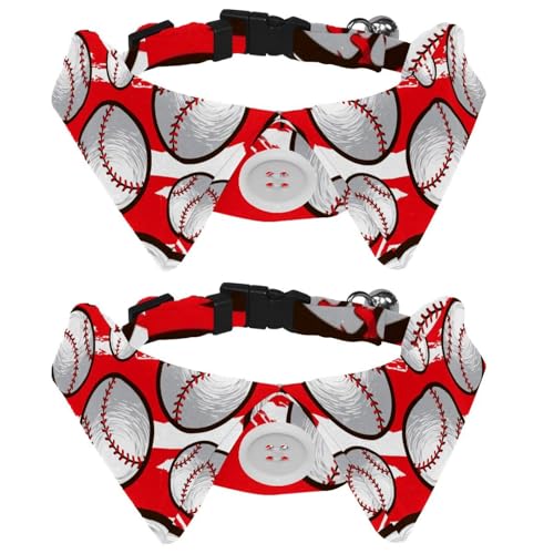 Hundehalsband mit Fliege und Glöckchen, Baseball-Sportball, rotes Hintergrundmuster, verstellbares Revers-Design, Katzenfliege, Halsband für kleine Haustiere, 2 Stück von lcndlsoe