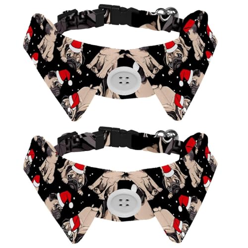 Hundehalsband mit Fliege und Glöckchen, Beige, Welpen, Mops, Weihnachtsmann, rote Kappe, Schnee-Nacht, verstellbares Revers-Design, Katzen-Fliege, Halsband für kleine Haustiere, 2 Stück von lcndlsoe