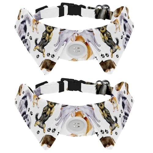 Hundehalsband mit Fliege und Glöckchen, Hunde und Pfotenabdruck, Aquarell-Illustration, verstellbares Revers-Design, Katzenfliege, Halsband für kleine Haustiere, 2 Stück von lcndlsoe