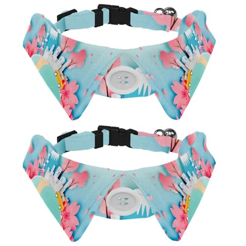 Hundehalsband mit Fliege und Glöckchen, Japan-Stadt im Frühling, Illustration, verstellbares Revers-Design, Katzenfliege, Halsband für kleine Haustiere, 2 Stück von lcndlsoe