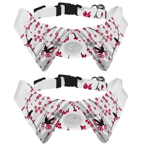 Hundehalsband mit Fliege und Glöckchen, Kirschbaum mit Vogel-Illustration, verstellbares Revers-Design, Katzenfliege, Halsband für kleine Haustiere, 2 Stück von lcndlsoe
