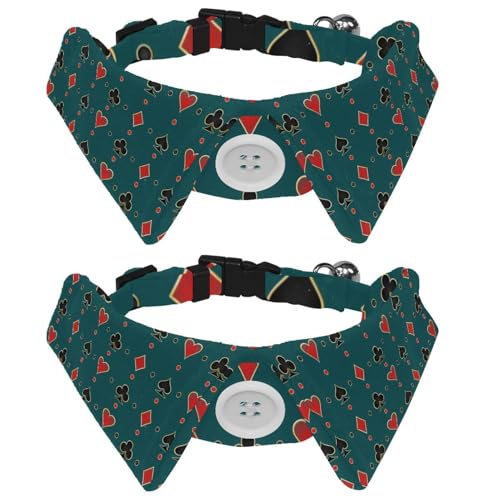 Hundehalsband mit Fliege und Glöckchen, Poker-Auto-Herzen, Diamanten, Spaten, blaues Muster, verstellbares Revers-Design, Katzen-Fliege, Halsband für kleine Haustiere, 2 Stück von lcndlsoe