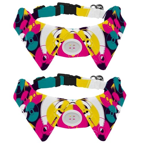 Hundehalsband mit Fliege und Glöckchen, Vinyl-Schallplattenmuster, bunte Illustration, verstellbares Revers-Design, Katzenfliege, Halsband für kleine Haustiere, 2 Stück von lcndlsoe