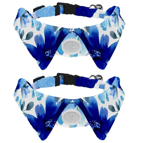 Hundehalsband mit Fliege und Glöckchen, blaue Blumen, Aquarell-Illustration, verstellbares Revers-Design, Katzenfliege, Halsband für kleine Haustiere, 2 Stück von lcndlsoe