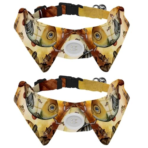 Hundehalsband mit Fliege und Glöckchen, geografische Reise, Fischboot-Illustration, verstellbares Revers-Design, Katzenfliege, Halsband für kleine Haustiere, 2 Stück von lcndlsoe