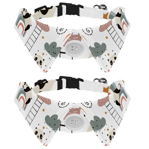 Hundehalsband mit Fliege und Glöckchen, niedlicher schlafender Pandas, Mond, Regenbögen, Wolken, Illustration, verstellbares Revers-Design, Katzen-Fliege, Halsband für kleine Haustiere, 2 Stück von lcndlsoe