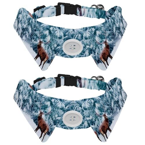 Hundehalsband mit Fliege und Glöckchen, schönes Hirschmännchen mit großen Hörnern, Winter, schneebedeckter Wald, verstellbares Revers-Design, Katzen-Fliege, Halsband für kleine Haustiere, 2 Stück von lcndlsoe