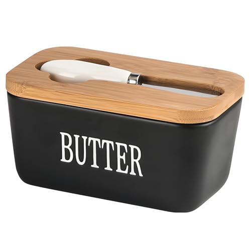 Butterdose aus Porzellan mit Holzdeckel und Edelstahlmesser, 500 ml Butter Dish, Leicht zu Reinigender Behälter für Frische Butter und Stilvolle Präsentation, Schwarz von lcvtos