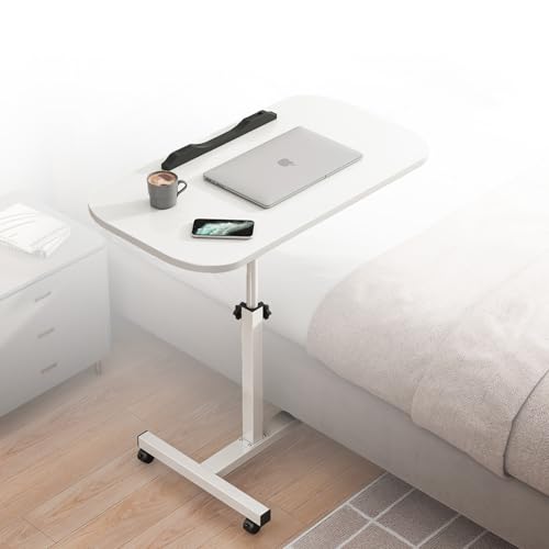 Höhenverstellbarer Couchtisch mit Rollen–Mobiler Beistelltisch für Bett/Sofa,Laptoptisch mit Carbonstahl-Gestell & 360°-Rollen,Höhenverstellbarer Schreibtisch für Zuhause/Büro (Weiß mit Schallwand) von lcvtos