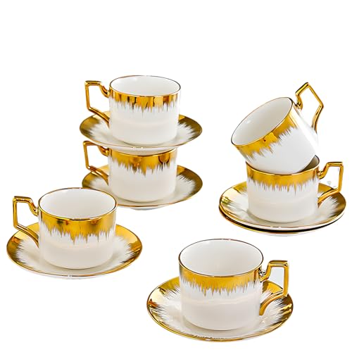 Tassen Set 6er mit Untertassen – Kaffeetassen Set aus Keramik 200ml – Weiß mit Goldrand – Dickwandige Tassen mit Henkel – Spülmaschinenfest – Porzellan Stil Geschenkidee von lcvtos