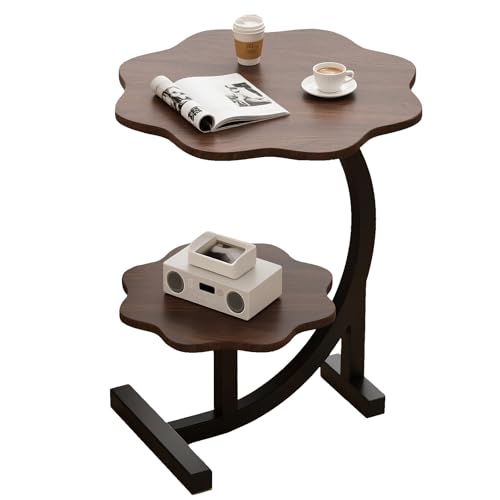 lcvtos Blütenförmiger oder Runder Beistelltisch mit 2 Ablagen, Modernes Design,Kleiner Sofatisch für Wohnzimmer,Schlafzimmer oder Balkon, Ergonomische Höhe 66 cm (Braune Holzblütenblätter) von lcvtos