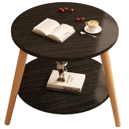 lcvtos Doppellagiger Runder Beistelltisch mit Aufbewahrung, Stabiler Couchtisch für Wohnzimmer und Schlafzimmer, Modernes Design, Holzbeine, 50x50 cm (Schwarz gebürstet) von lcvtos