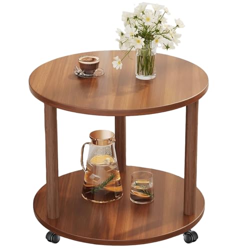 lcvtos Kleiner Runder Beistelltisch, 2 Etagen Couchtisch Vintage Stil, Sofatisch mit Ablagefach, Nachttisch aus Holz für Wohnzimmer Schlafzimmer Büro (Dunkle Walnuss-Bremsrad) von lcvtos