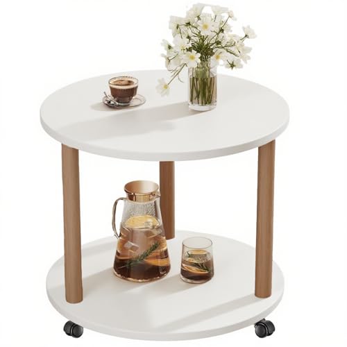 lcvtos Kleiner Runder Beistelltisch, 2 Etagen Couchtisch Vintage Stil, Sofatisch mit Ablagefach, Nachttisch aus Holz für Wohnzimmer Schlafzimmer Büro (Weißes Bremsrad) von lcvtos