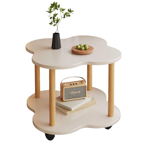 lcvtos Moderner Doppellagiger Kleeblattform Beistelltisch mit Aufbewahrung, Stabiler Couchtisch aus MDF und Holz, Sofa Beistelltisch mit Rollen (Warmweiß mit Bremsrolle) von lcvtos