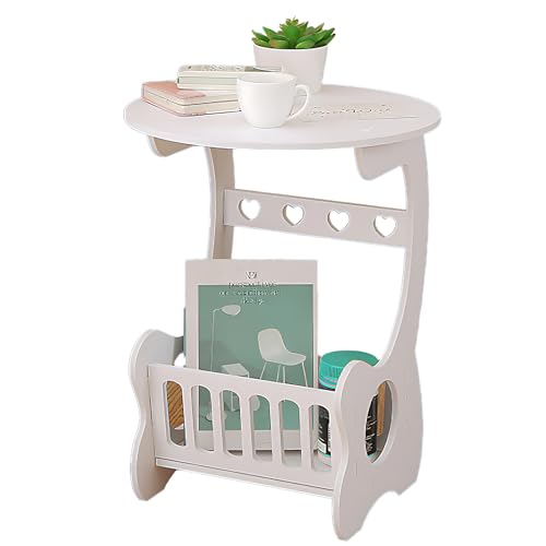 lcvtos PVC Holzplatte Beistelltisch, 2 Stöckiger Runder Couchtisch mit Herzausschnitt & Regal (36cm), Wasserfester Weißer Nachttisch für Wohnzimmer, Einfach Montierbar, Platzsparend von lcvtos