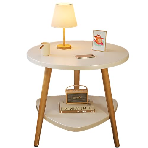 lcvtos Runder Beistelltisch mit 2 Ablagen,Stabiles Metallgestell & Holz,Couchtisch & Nachttisch für Wohnzimmer Schlafzimmer Ø50xH50cm (Warmweiß) von lcvtos