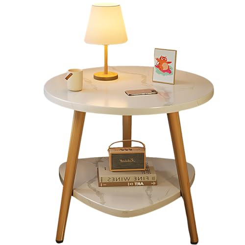 lcvtos Runder Beistelltisch mit 2 Ablagen,Stabiles Metallgestell & Holz,Couchtisch & Nachttisch für Wohnzimmer Schlafzimmer Ø50xH50cm (Weißer Marmor) von lcvtos