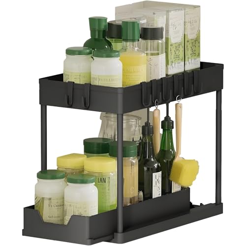 lcvtos Spülschrank Organizer, Küchen Organizer mit 4 Haken und 1 Tasse Gewürzregal Unterschrank, Untertisch-Aufbewahrung mit 2 Ebenen (Schwarz) von lcvtos