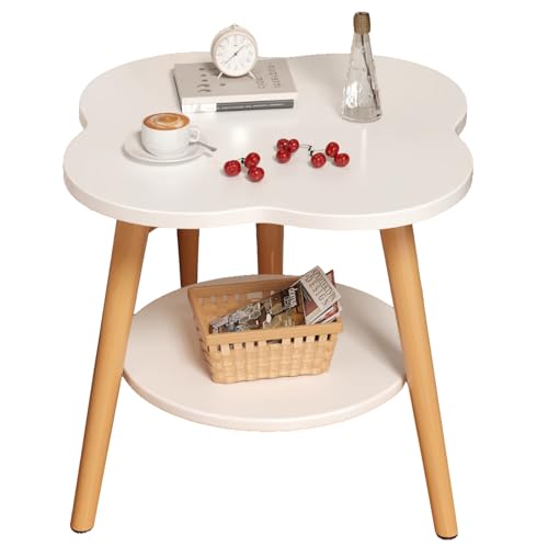 lcvtos Vierblättriges Kleeblatt Beistelltisch mit Doppellagiger Aufbewahrung, Kleiner Couchtisch aus MDF mit Stabilem Metallgestell für Wohnzimmer – 50x50 cm (Warmweiß) von lcvtos