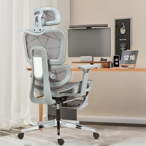 Ergonomischer Büro- und Gaming-Stuhl aus Netzstoff mit Fußstütze, hohe Rückenlehne, Schreibtischstuhl, bequeme Lendenwirbelstütze, 130° Neigung, verstellbare 3D-Armlehne & 2D-Kopfstütze (Grau) von leader cattle