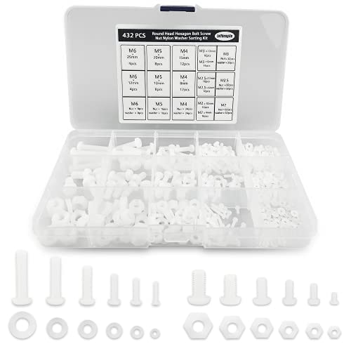 432 Stück Weiße Nylon Kunststoff Rundkopf Schrauben, Unterlegscheiben Sortier Kit, Metrische Sechskant Muttern, M2/M2.5/M3/M4/M5/M6 von Lechengjia