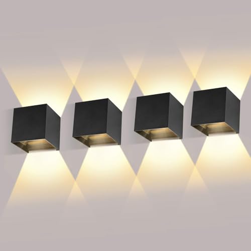 ledmo 4 Stücke LED Wandleuchten Innen/Aussen Wandlampe 12W Auf und ab Einstellbarer Lichtstrahl LED Außenleuchten 2700-3000K Warmweiß Wandlampe LED IP65 Wasserdichte Wandleuchte Schwarz von ledmo