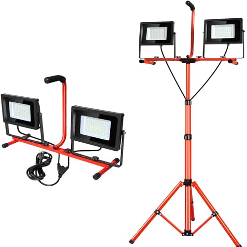 ledmo LED Baustrahler mit Stativ 2x100W Arbeitsstrahler mit Stecker 20000 Lumen LED Arbeitsleuchte mit Stativ 5000K HöHenverstellbar LED Strahler von ledmo