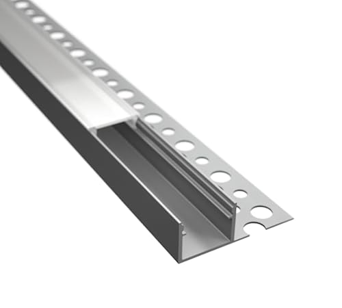 2m LED Fliesenabschluss Profil, Trockenbau Rigibs Einputzprofil "FLIESE-14L" für Led Streifen bis 14mm + Abdeckung matt (2m Profil Abdeckung matt) von ledomec