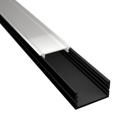 ledomec 2m LED Profil AUFBAU-17 Flach Schwarz für LED Streifen, LED Bänder bis max. 17mm mit Abdeckung (2m Schwarz, Abdeckung Matt) von ledomec