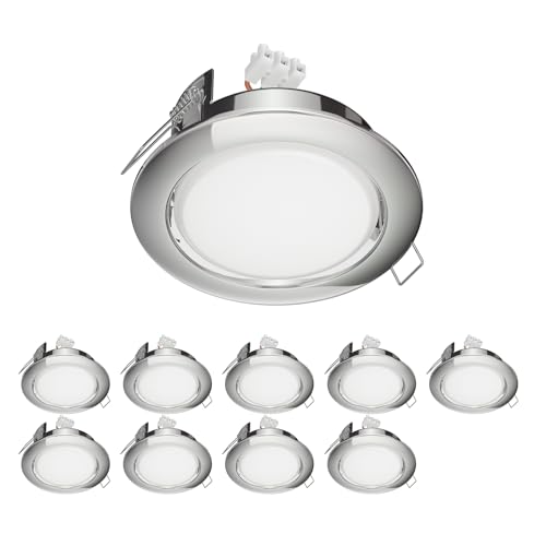 ledscom.de 10 Stück LED Einbaustrahler Zobe II flach GX53 chrom rund 6,164W weiß 3-Stufen Dimmen ohne Dimmer mit Lichtschalter 107mm Ø Lochkreis 90mm Ø von ledscom.de