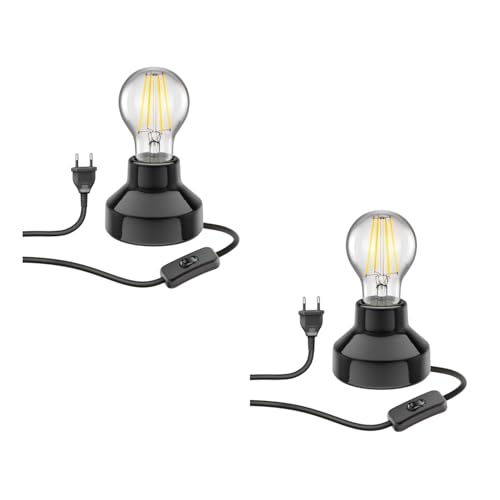 ledscom.de 2 Stück E27 Porzellan Tischlampe TIX rund Stecker Schalter schwarz 90mm + LED Lampe 963lm warmweiß 3-Stufen Dimmen von ledscom.de