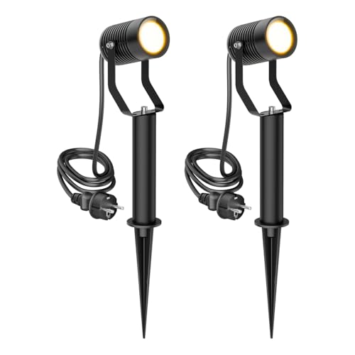 ledscom.de 2 Stück Gartenstrahler SHINGA mit Erdspieß und 15 cm Sockel für außen, IP65, Stecker, schwarz, 1x GU10 max. 15W von ledscom.de