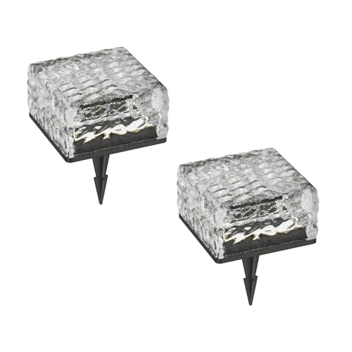ledscom.de 2 Stück LED Solar-Pflasterstein Bodeneinbauleuchte BROSLO mit Erdspieß für außen, Glas, 10 x 10cm, warmweiß von ledscom.de