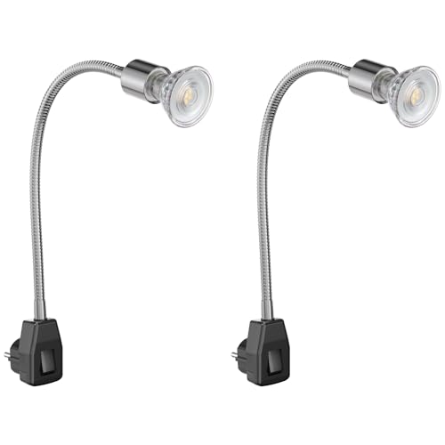 ledscom.de 2 Stück Steckdosenlampe LESCH Leselampe Schwanenhals, Schalter, chrom/schwarz + LED Lampe 504lm 50° weiß von ledscom.de