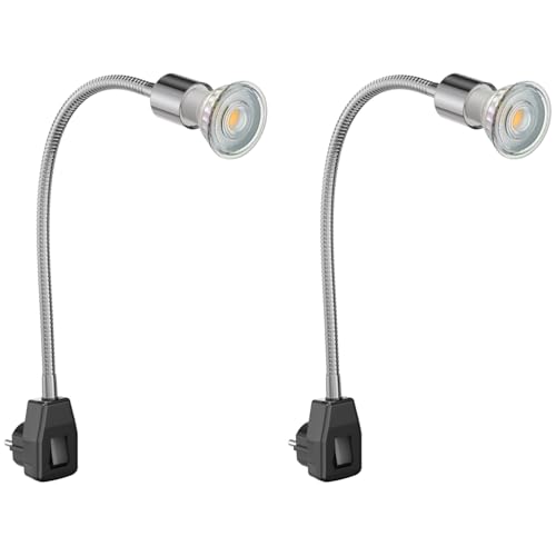 ledscom.de 2 Stück Steckdosenlampe LESCH Leselampe Schwanenhals, chrom/schwarz, inkl. GU10 LED (warmweiß, 7,6W, 1103lm, 33°) von ledscom.de