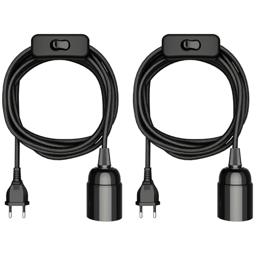ledscom.de 2 Stück Textilkabel LEHA, Stecker, Schalter, schwarz, 3 m, Lampen-Fassung, 1x E27 max. 60W von ledscom.de