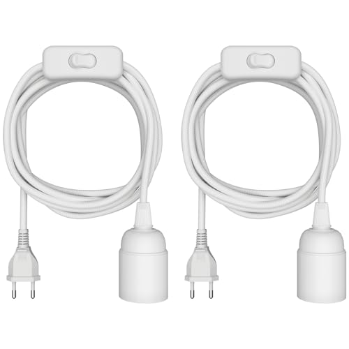 ledscom.de 2 Stück Textilkabel LEHA, Stecker, Schalter, weiß, 3 m, Lampen-Fassung, 1x E27 max. 60W von ledscom.de