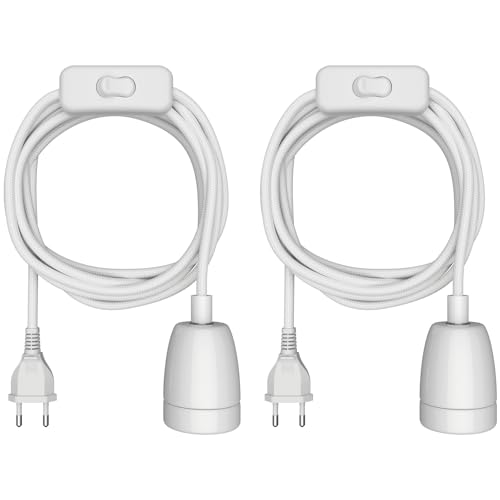 ledscom.de 2 Stück Textilkabel LEHA II, Stecker, Schalter, weiß, 3 m, Porzellan-Fassung, 1x E27 max. 300W von ledscom.de