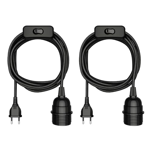 ledscom.de 2 Stück Textilkabel LEKA, Stecker, Schalter, schwarz, 3 m, Lampen-Fassung, 1x E27 max. 60W von ledscom.de