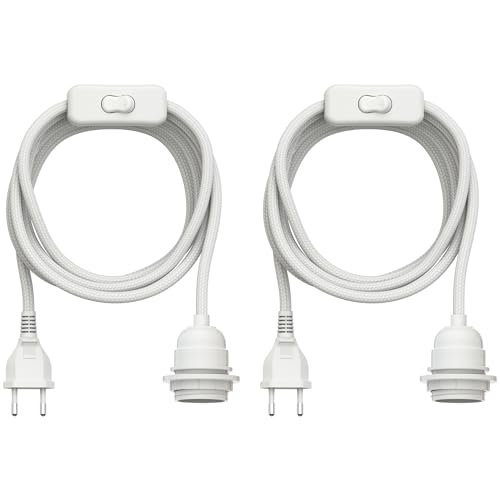 ledscom.de 2 Stück Textilkabel LEKA, Stecker, Schalter, weiß, 3 m, Lampen-Fassung, 1x E27 max. 60W von ledscom.de