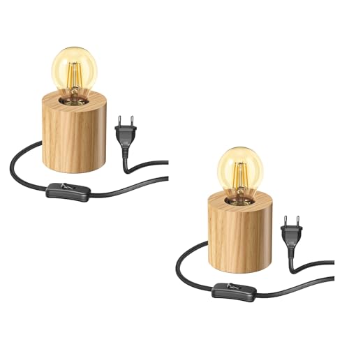 ledscom.de 2 Stück Tischlampe HITO, Holz massiv, rund, inkl. E27 Lampe 471lm Retro gold extra-warmweiß von ledscom.de