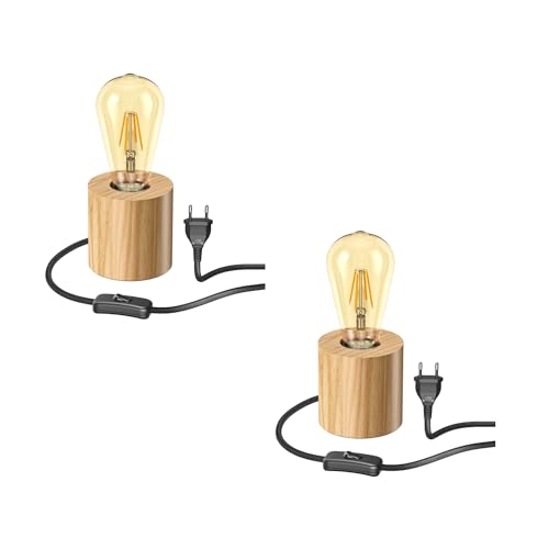 ledscom.de 2 Stück Tischlampe HITO, Holz massiv, rund, inkl. E27 Lampe Retro gold extra-warmweiß 489lm von ledscom.de