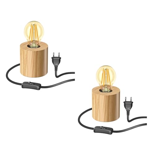 ledscom.de 2 Stück Tischlampe HITO, Holz massiv, rund, inkl. E27 Lampe gold max. 778lm, 3-Stufen dimmen, extra-warmweiß von ledscom.de